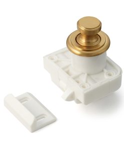 Hochwertiger Druckknopf-Verschluss mit Grifffunktion, aus Messing, Oberfläche: goldfarbig, satiniert matt, Ausführung: rund, TLP-SG und TLP-LBM(W). Massiver Druckknopf für Wohnwagen, Yacht und viel mehr, von Sugatsune / LAMP® (Japan)