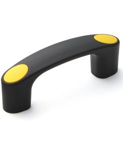 Hochwertiger robuster Gerätegriff aus verstärktem Nylon, schwarz mit gelben Abdeckkappen, 93 mm (3,7″) MJH-93-YE. Maschinengriff MJH-93-YE für Industrieschränke, Produktionsanlagen, Maschinenbau, von Sugatsune / LAMP® (Japan)